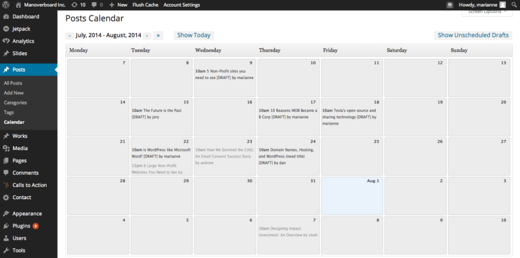 screenshot of editorial calendar in wordpress