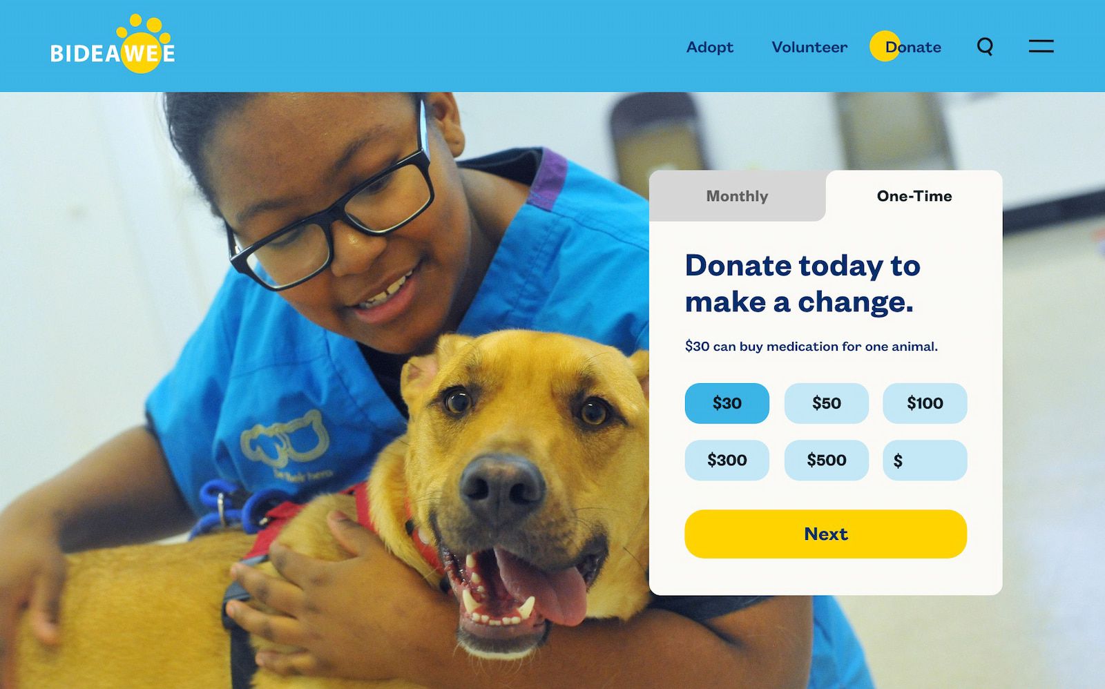 Screenshot of the donation page from the Bideawee website. There is a rounded rectangle with six different donation options. Behind it is a photo of a woman hugging a large smiling dog.