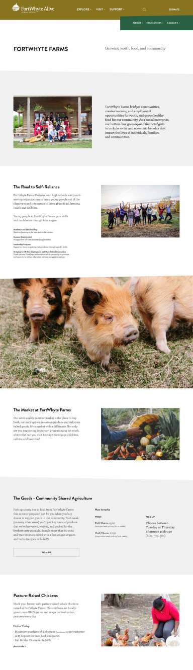 A long screenshot of the FortWhyte Farms page. An image of a group of people beside a paragraph is at the top, followed by another image and a short blurb titled