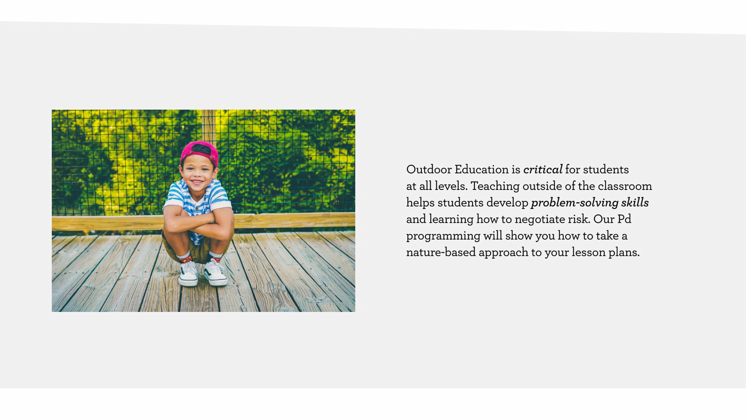 A screenshot from the FortWhyte Alive website. A photo of a young child crouching and smiling is placed beside a paragraph about outdoor education.