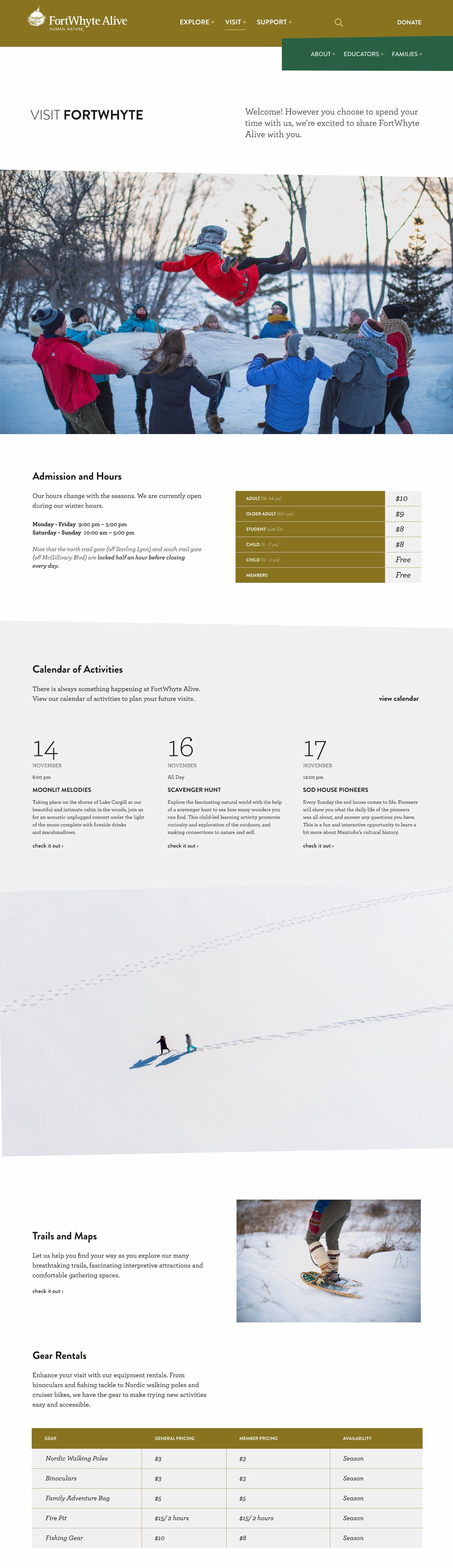 A long screenshot of FortWhyte Alive's visit page. The top shows a photo of a group of people in the winter, followed by an