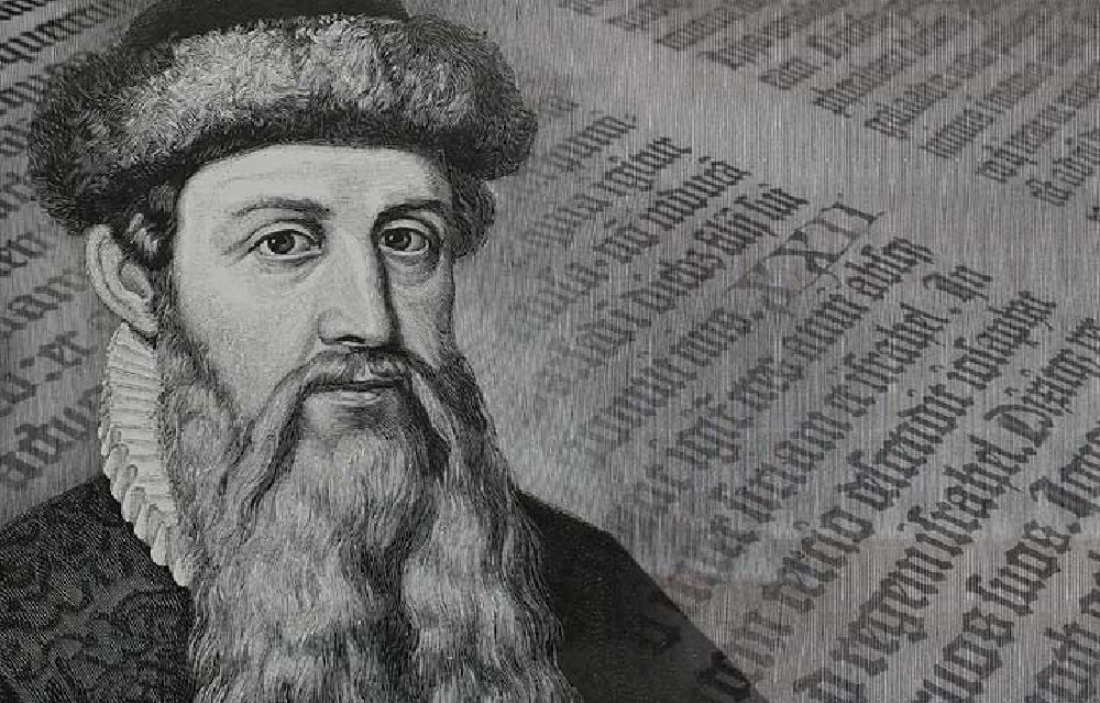 A sketch of Gutenberg (person) on top of a book.