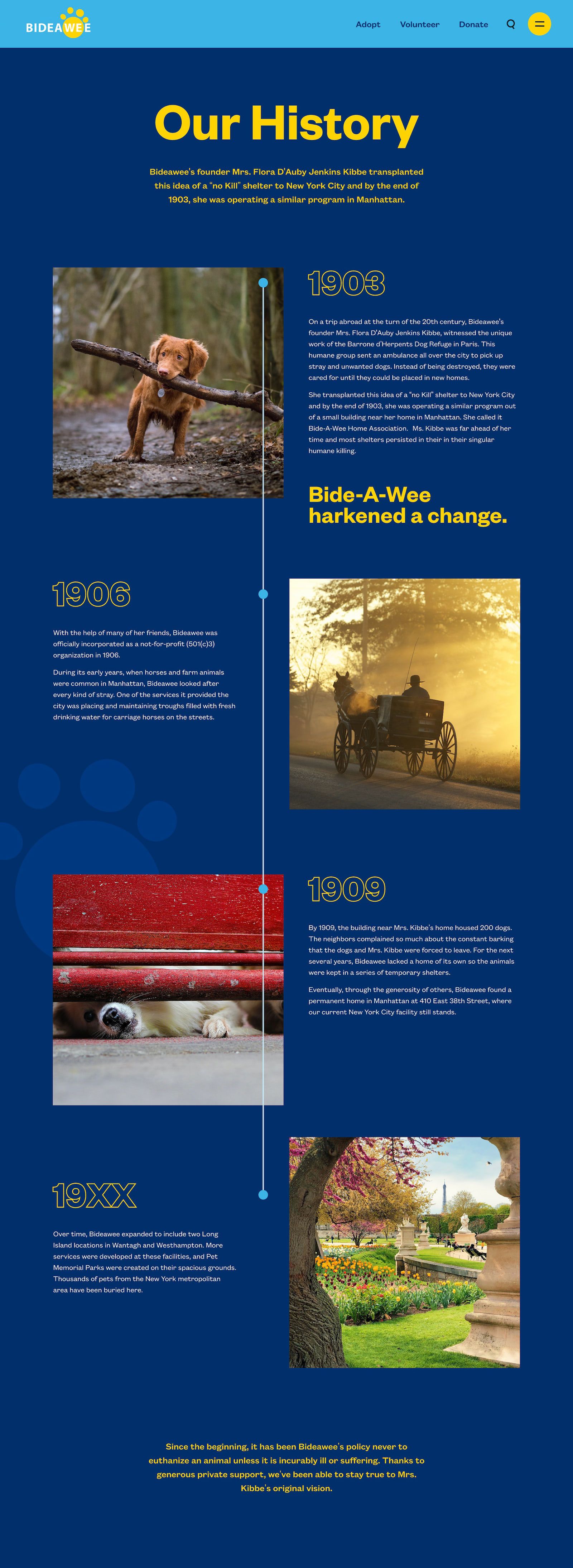 A screenshot of the history page on the Bideawee website. There is a long vertical timeline that spans down the page, staggered with different images of animals, stretching from 1903 and beyond.