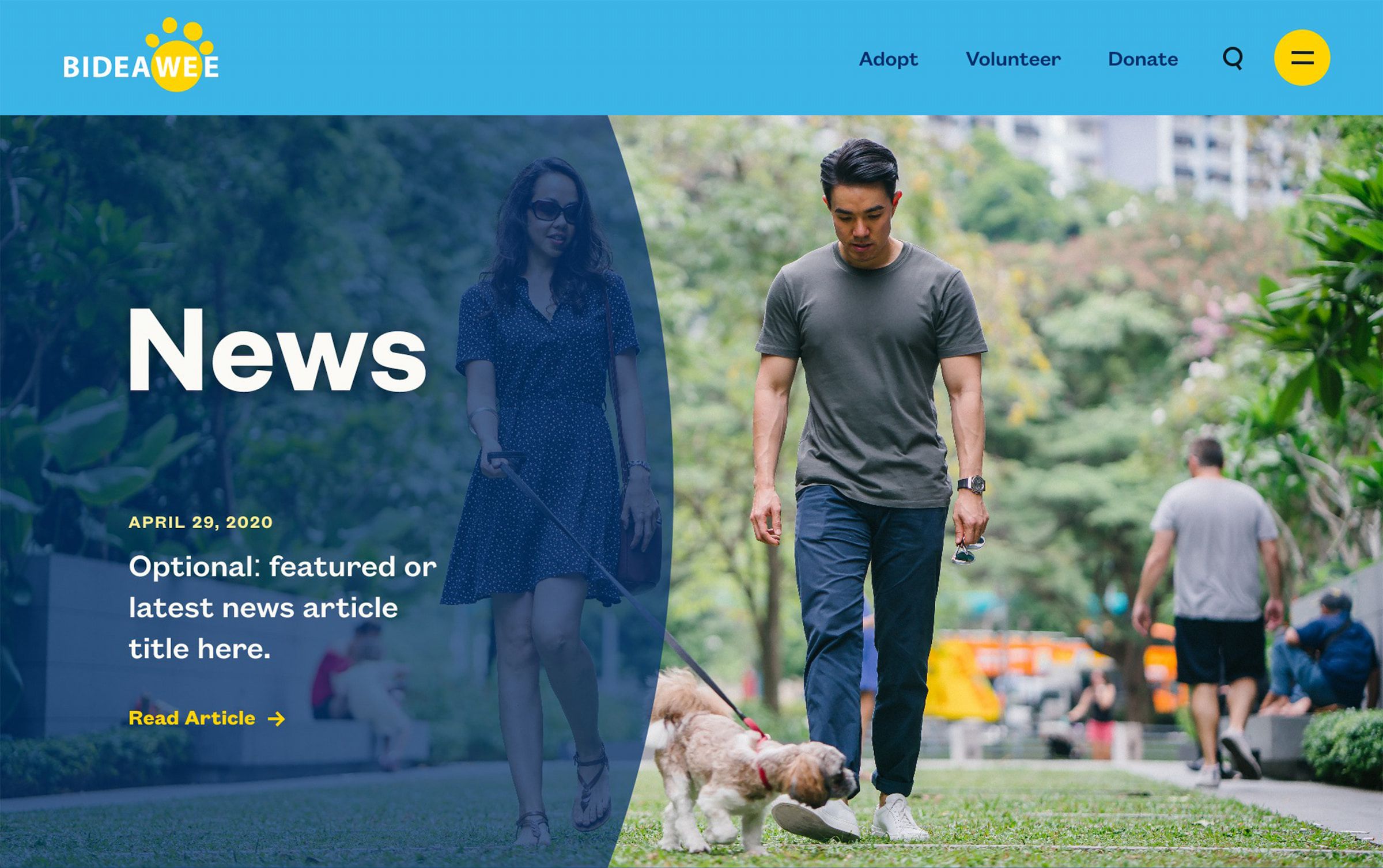 Screenshot from the news page of Bideawee's website. An opaque, dark blue circular form takes up the left side of the page with the word