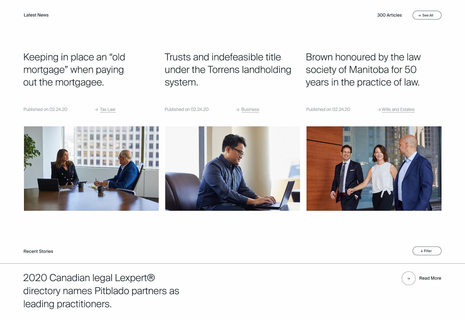 A screenshot of the news page on Pitblado's website. There are three columns of the latest news on a warm white background. Each has a title at the top, followed by an image of professionals in a business setting.
